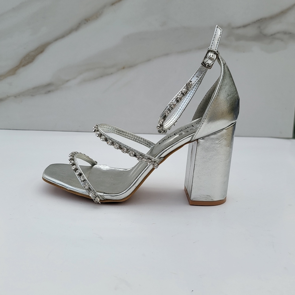 BOOHOO | Silver Rhinestone Anklestrap Strappy Open toe block heel Size 37